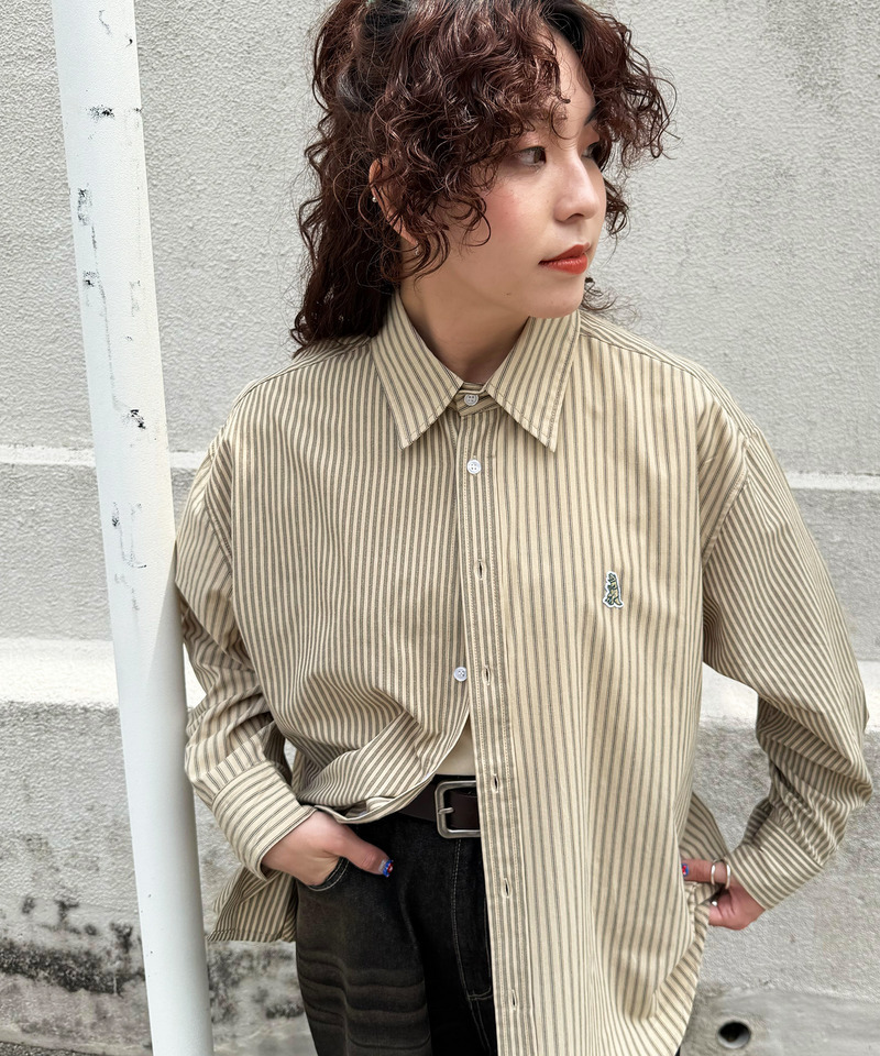 m:rex】ミニ恐竜ワッペンクレイジーストライプシャツ｜DOUBLE NAME
