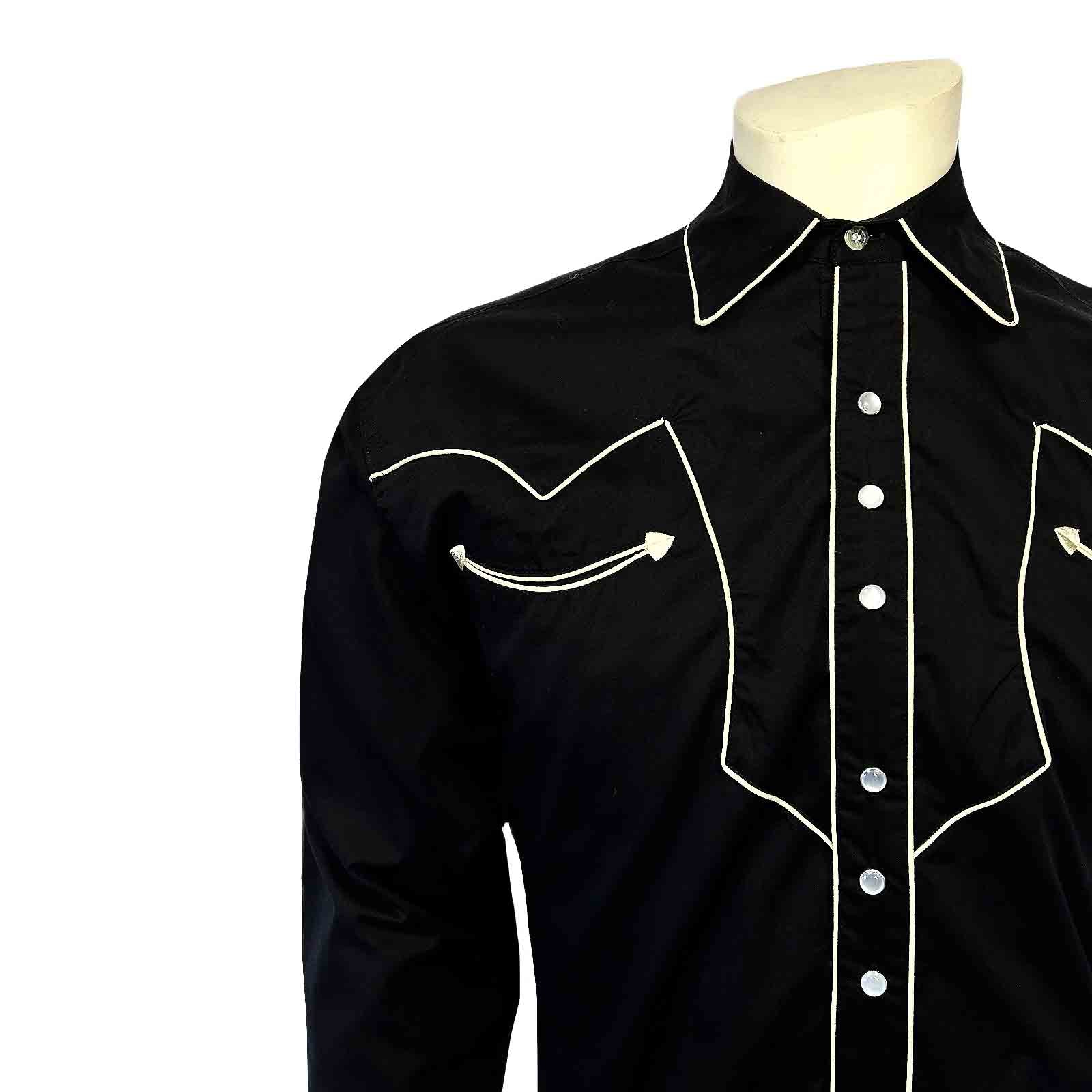 Men's Vintage Solid Black Western Shirt with Piped Lightning Yokes