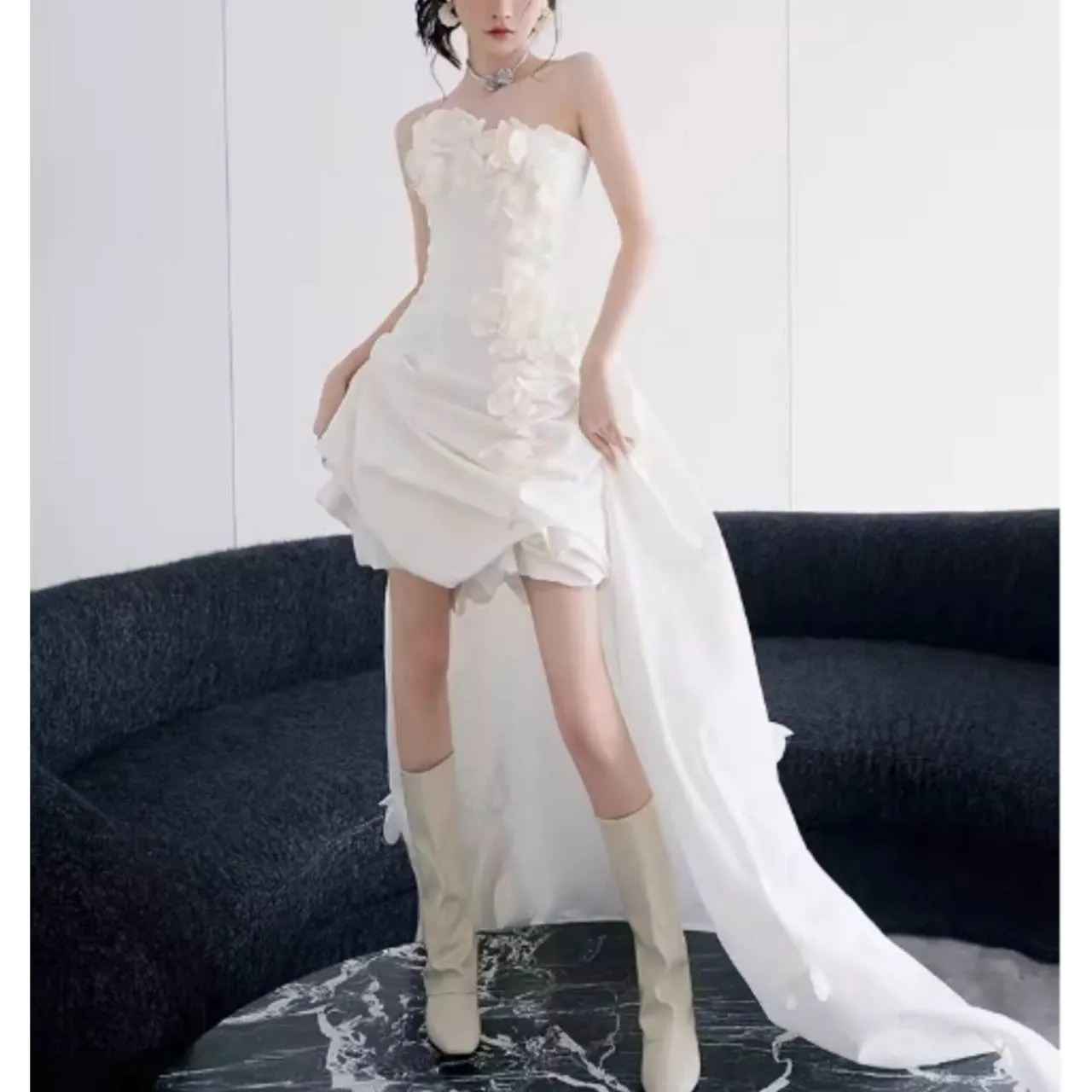 3Dフラワー ビスチェ ウェディングドレス ミニ丈 ドレープ ロング