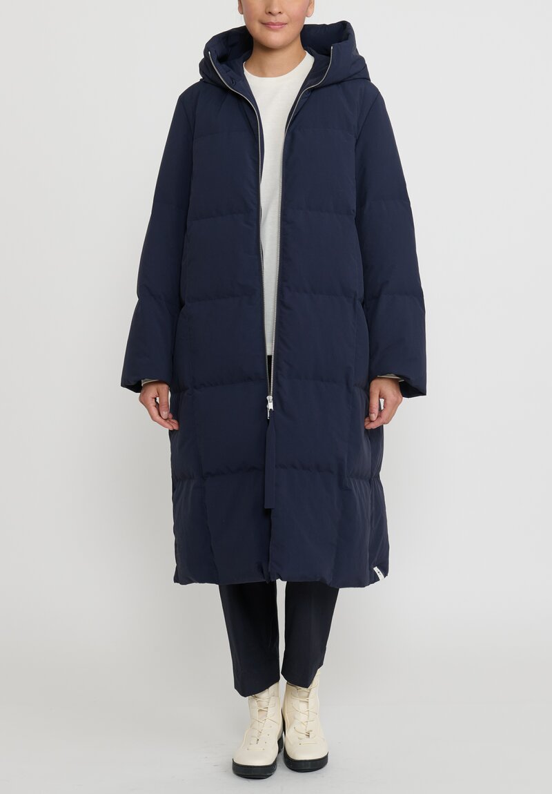 Jil Sander Long Quilted Down Coat in Dark Blue | Santa Fe Dry