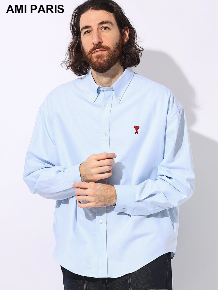AMI PARIS (アミパリス) コットン100％ ロゴ刺繍 無地 ボタンダウン
