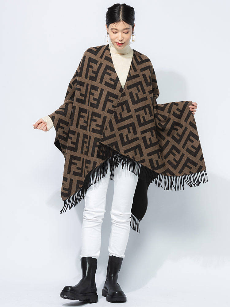 FENDI (フェンディ) リバーシブル カシミヤ＆ウール 無地 総柄