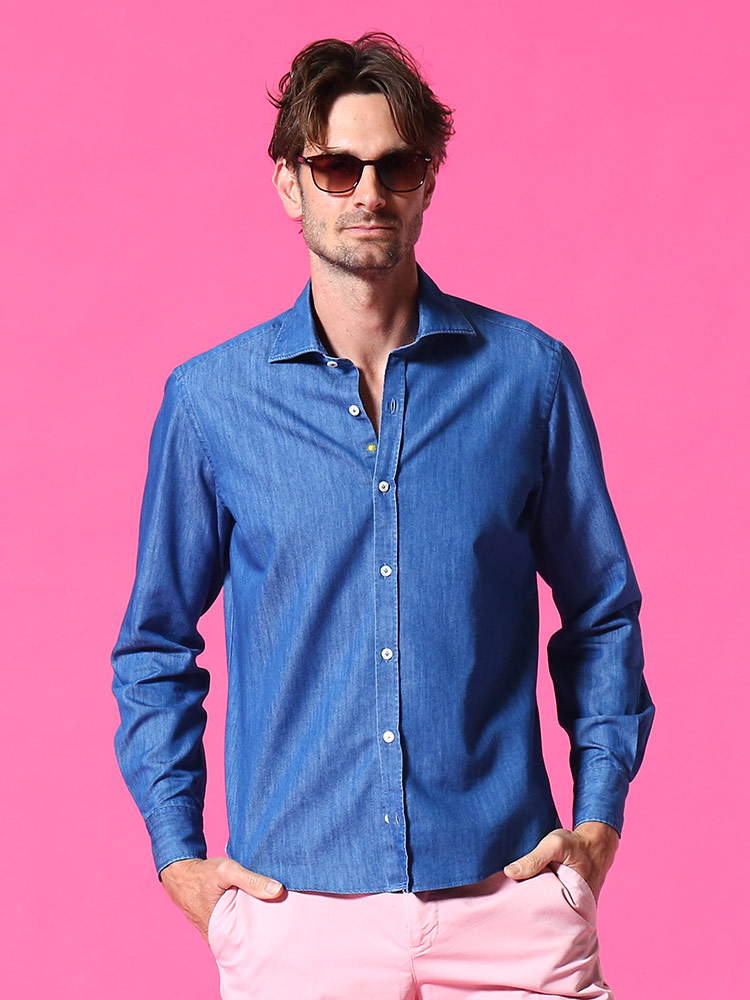 GIANNETTO (ジャンネット) 無地 ホリゾンタルカラー 長袖 デニムシャツ