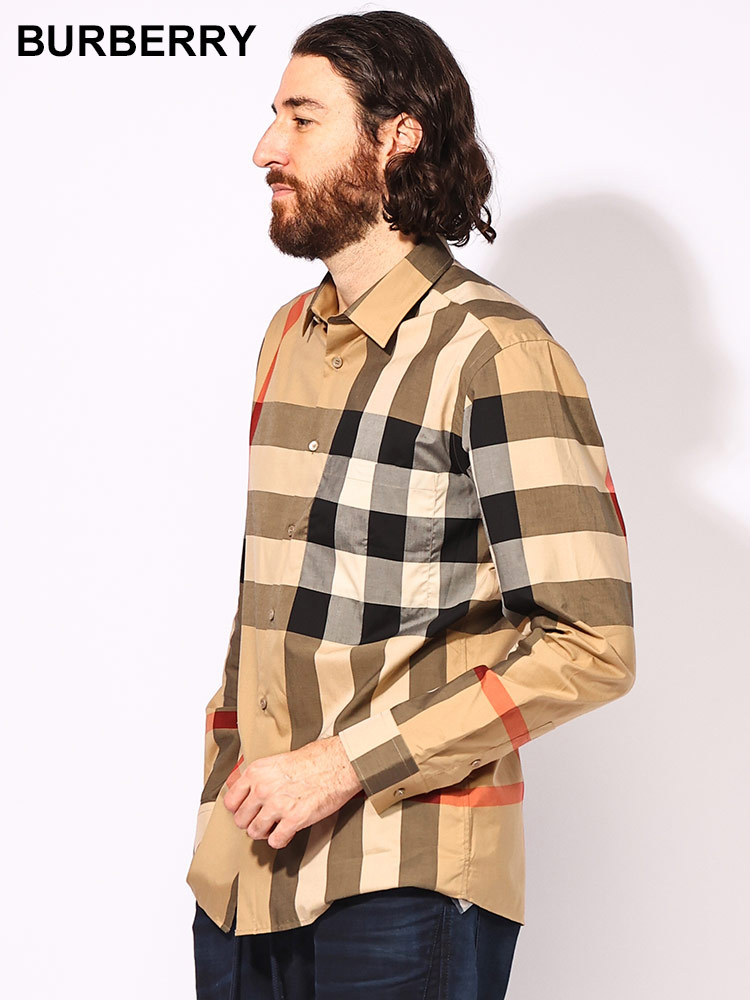 BURBERRY コットン長袖シャツジャケットL 黒/ベージュ BURBERRY