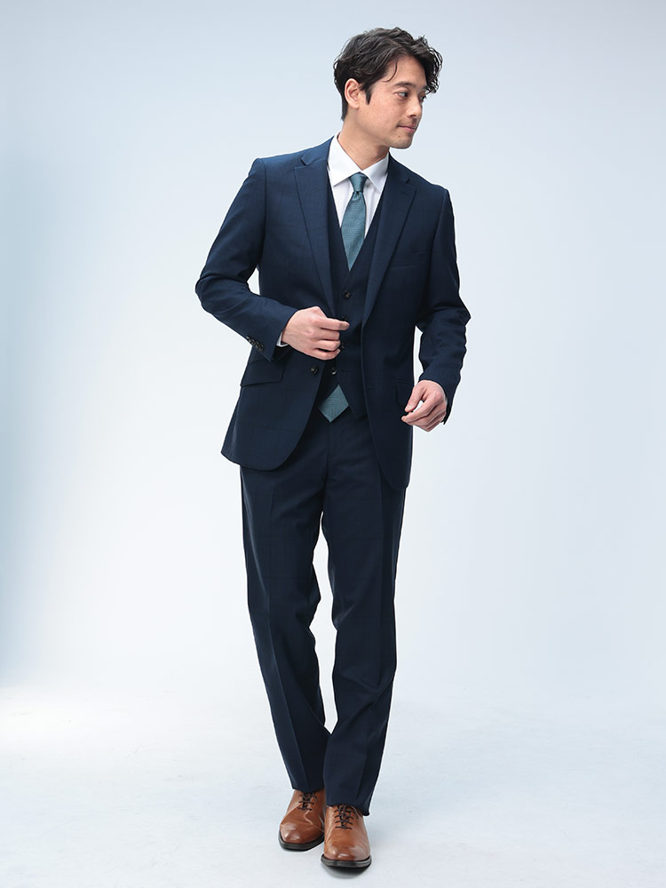 スーツ ウール混 シングル ノータック スリーピース ベスト付き メンズ