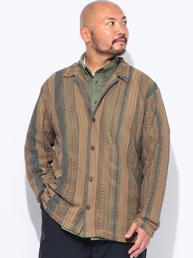 長袖 シャツ バルファレース ストライプ トップス レース 透け感 春 秋