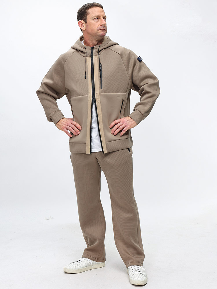 パーカー ストレッチ ダンボールニット 袖ロゴパッチ フルジップ 長袖