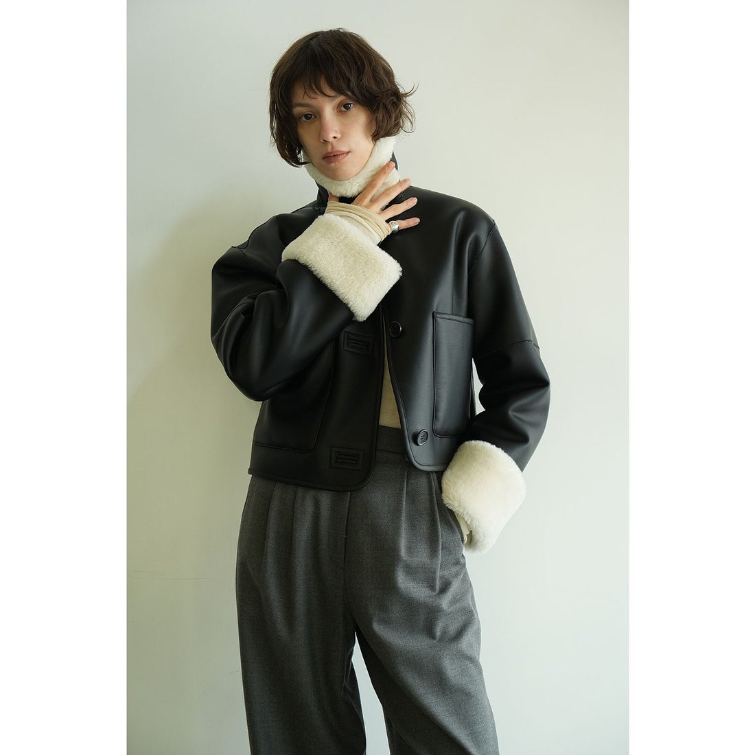 クラネ CLANE VEGAN LEATHER BOA SHORT JACKET （BLACK