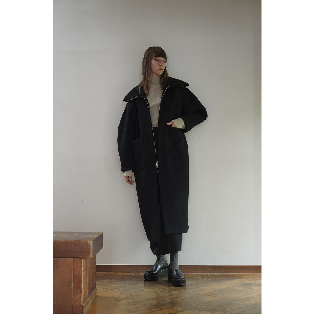クラネ CLANE RIB COLLAR WOOL LONG COAT （BORDEAUX） -ファッション