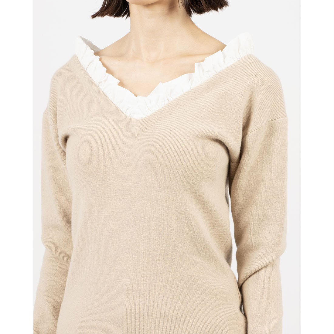 クラネ CLANE 2WAY FRILL V NECK KNIT TOPS （BEIGE） - ファッション