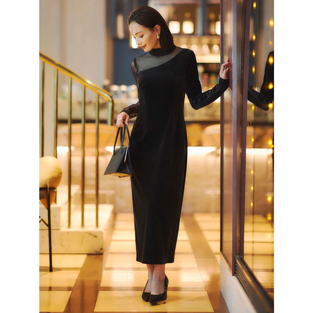 アニュアンス anuans シアーコンビタイトワンピース （BLACK