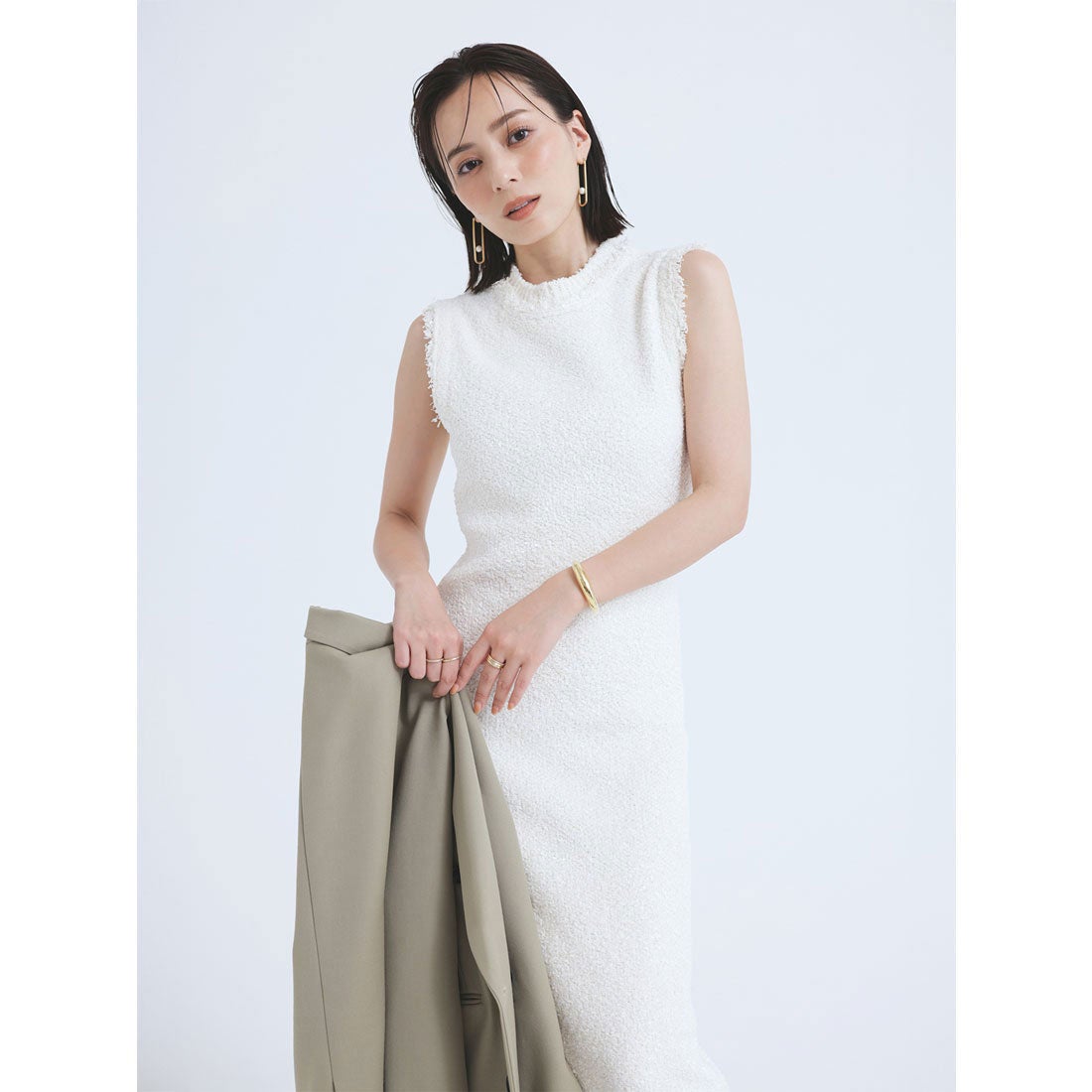 アニュアンス anuans フラッグヤーンツイードニットワンピース （WHITE