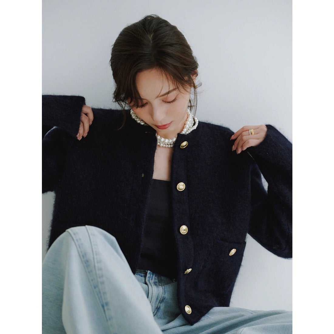 アニュアンス anuans カシミヤブレンドノーカラーニットジャケット