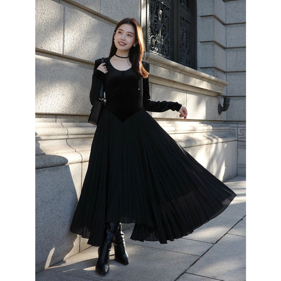 アニュアンス anuans ベロアシフォンドッキングワンピース （BLACK