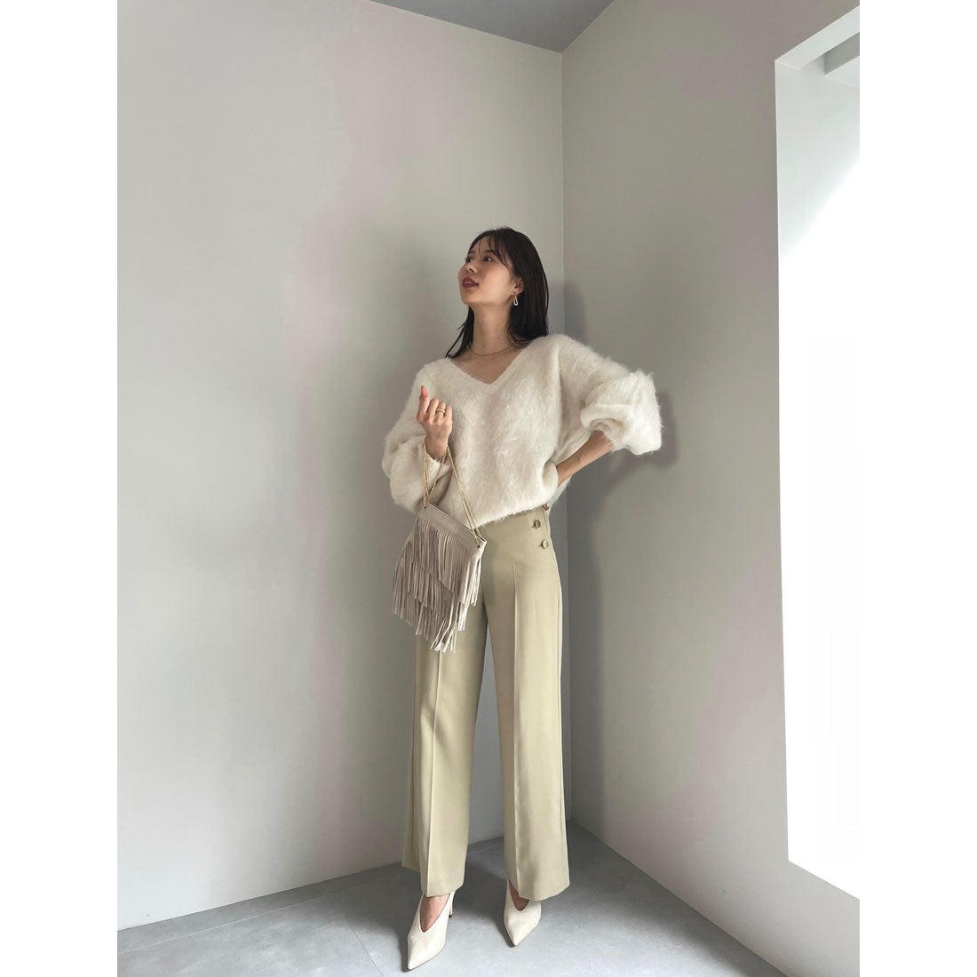 anuans 2wayアルパカ混ニットプルオーバー アイボリー anuans 2way