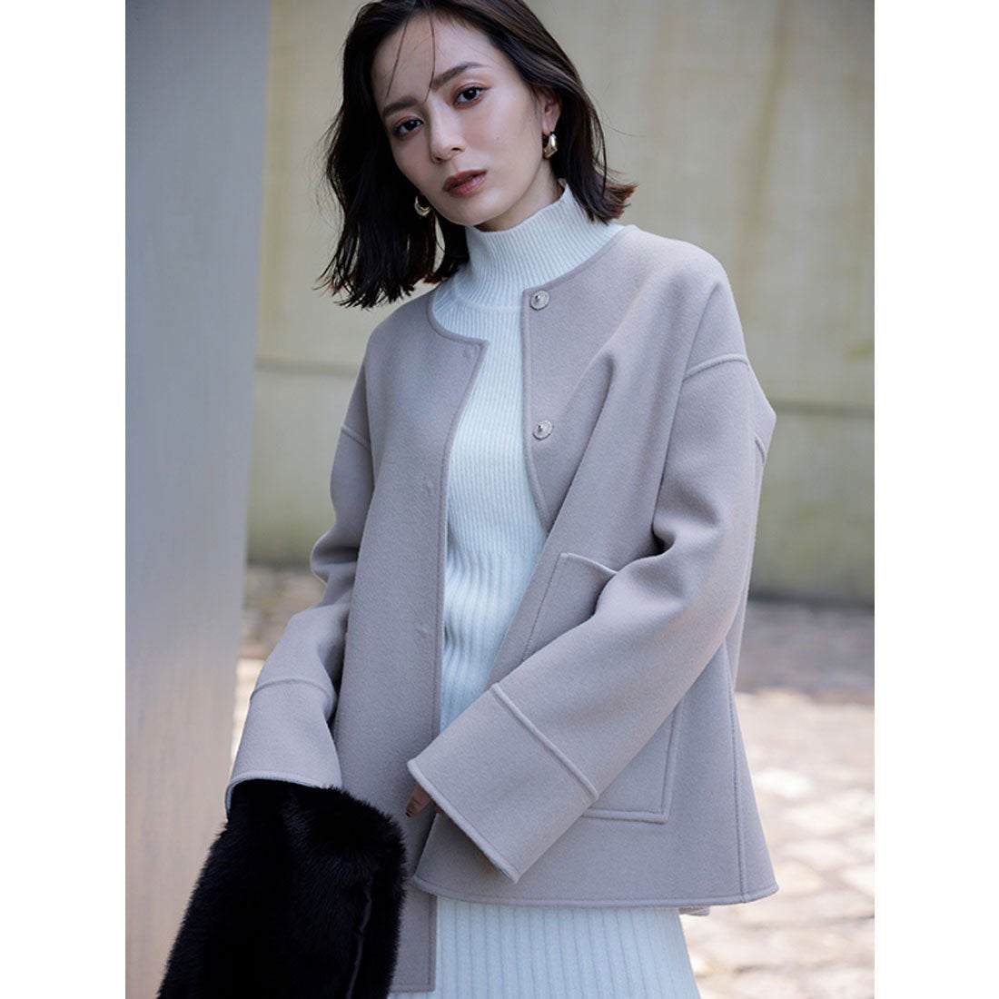 アニュアンス anuans バイカラーショートリバーコート （ECRU） -靴