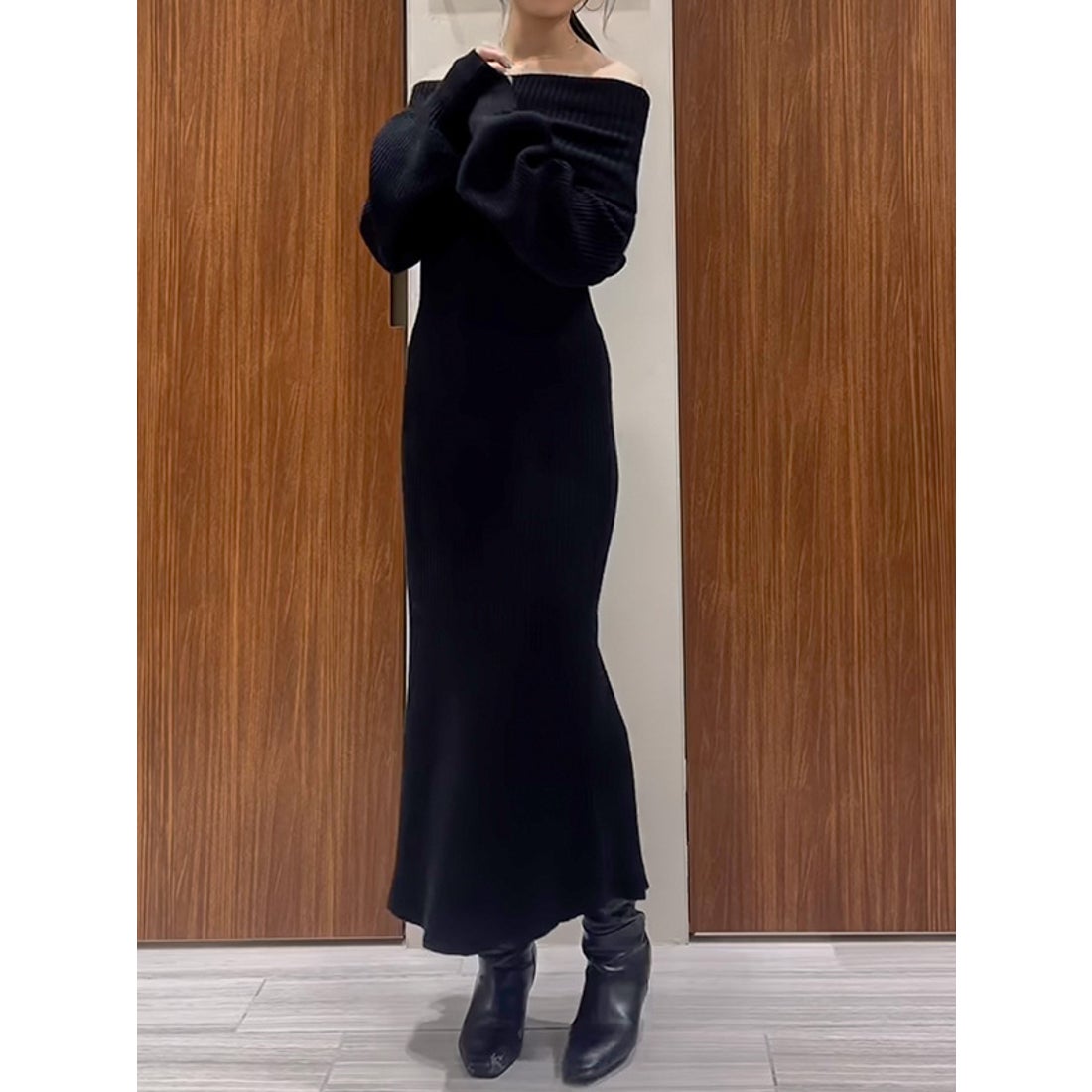 アニュアンス anuans オフショルナローニットワンピース （BLACK