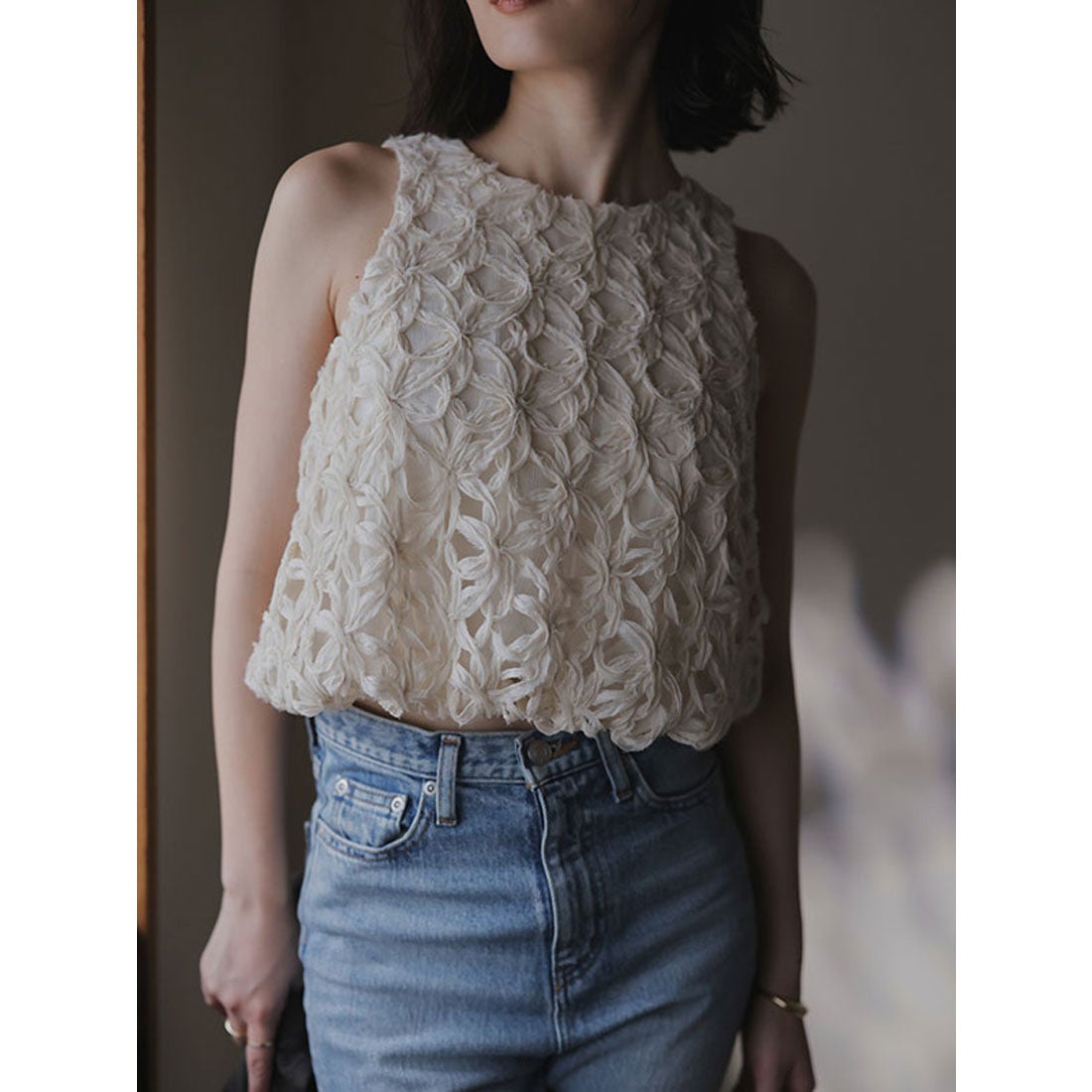 アニュアンス anuans リボンエンブロイダリーレーストップス （IVORY