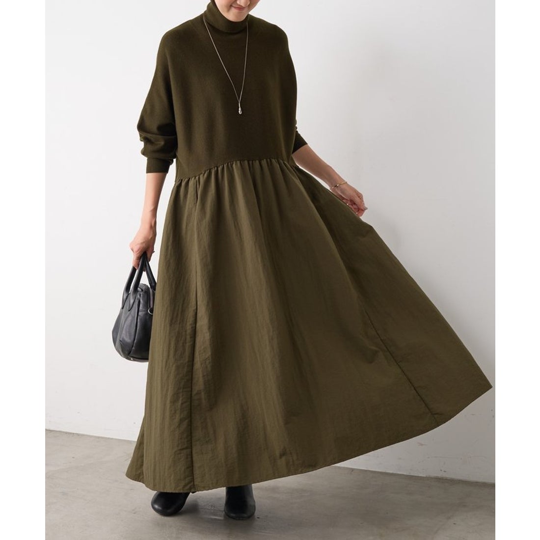 ビアズリー BEARDSLEY ニットコンビギャザーワンピース （khaki） -靴