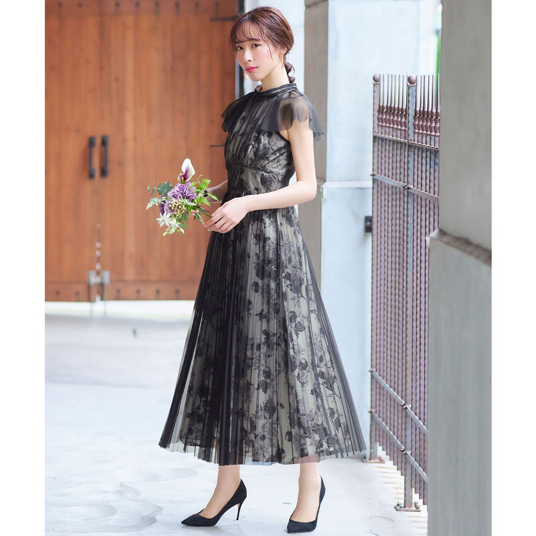 ガール GIRL チュールドッキング花柄プリント フレア ロング 結婚式