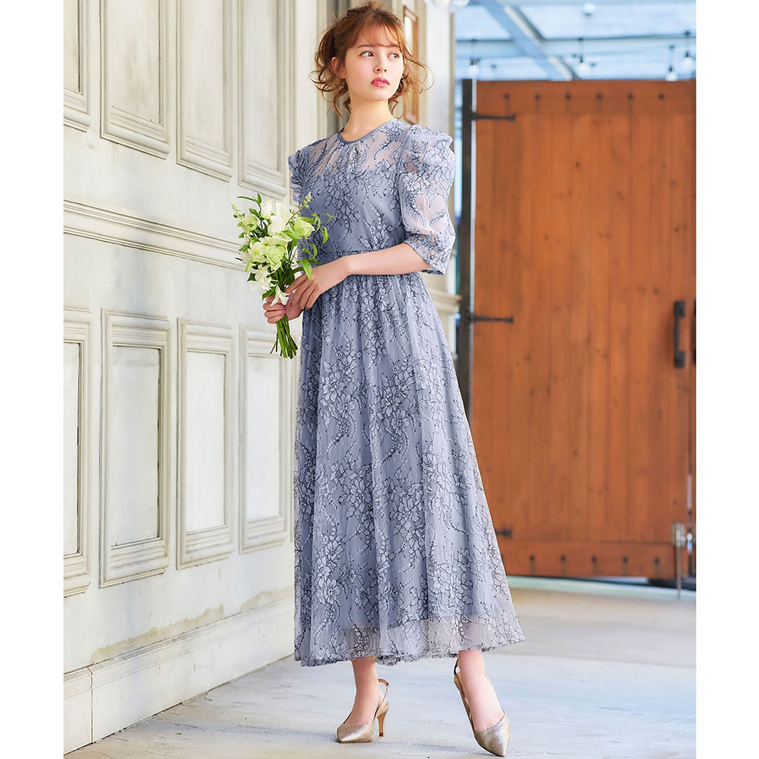 ガール GIRL パフスリーブ総レース フレア ロング 結婚式 ワンピース