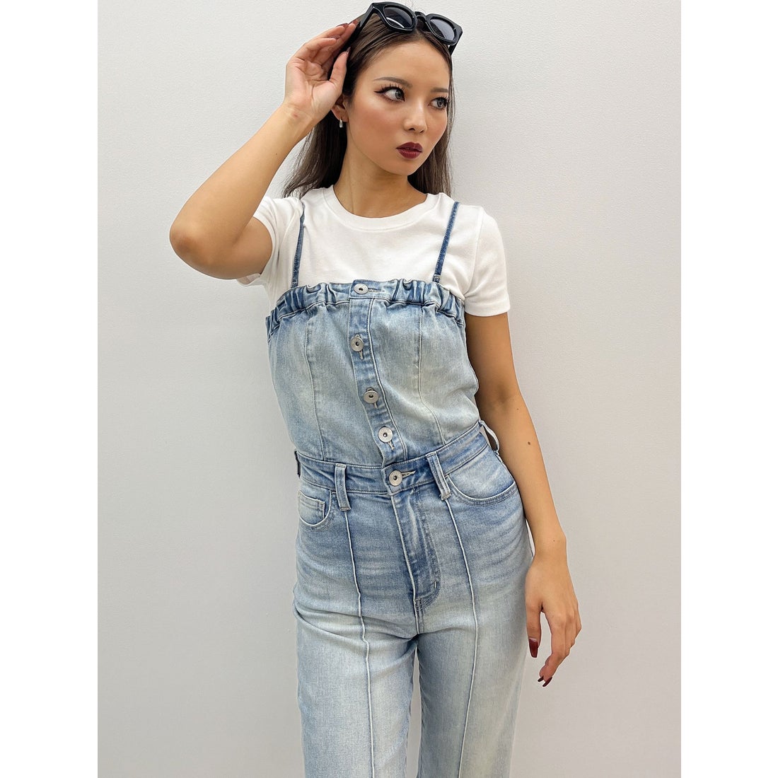 ジェイダ GYDA BACKリボンデニムロンパース （ICE） -ファッション通販