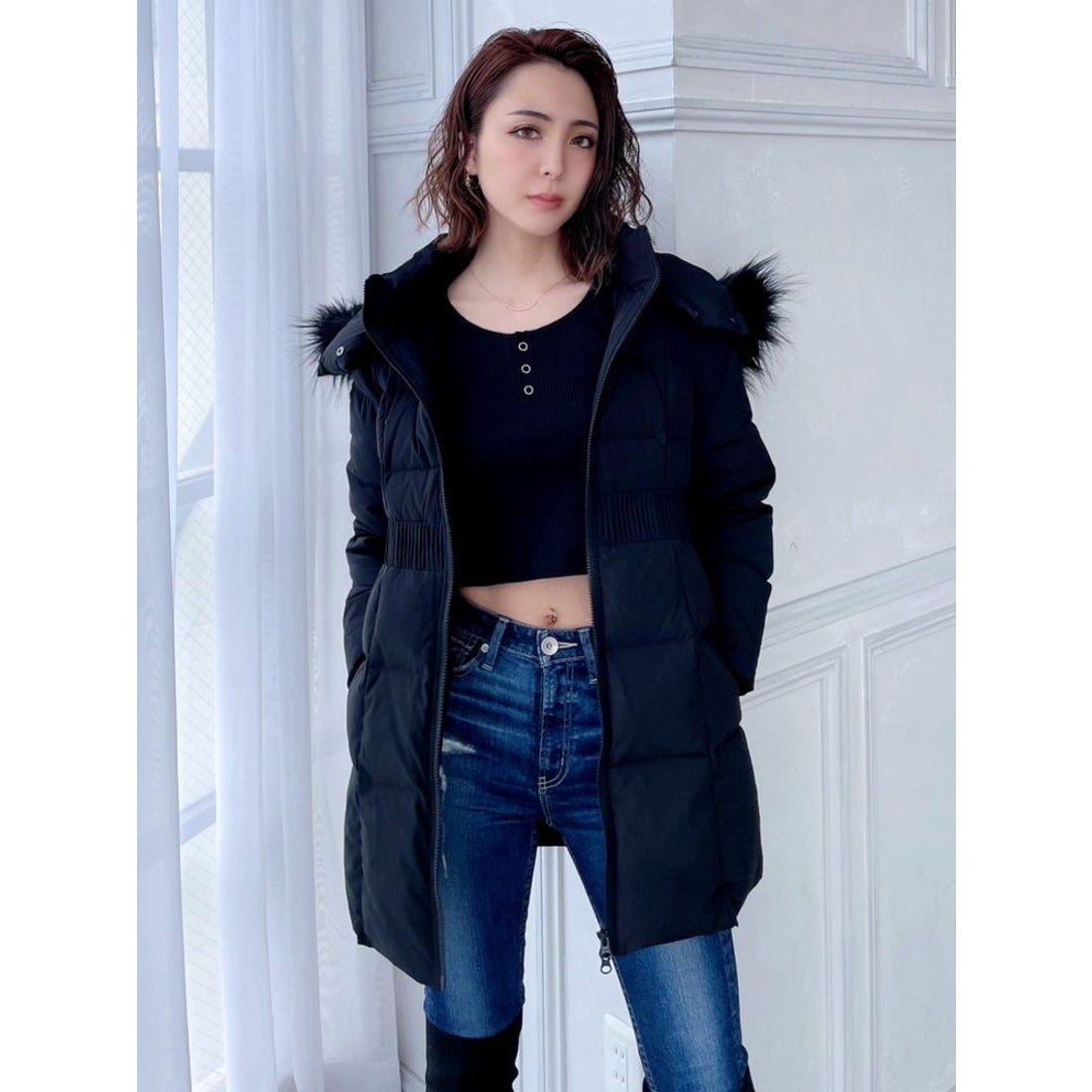 ジェイダ GYDA SymmetryGYDAベルト付きロングダウンコート（ブラック