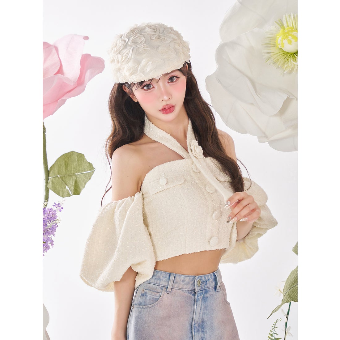 ダーリッチ Darich ホルターネックオフショルツイードトップス