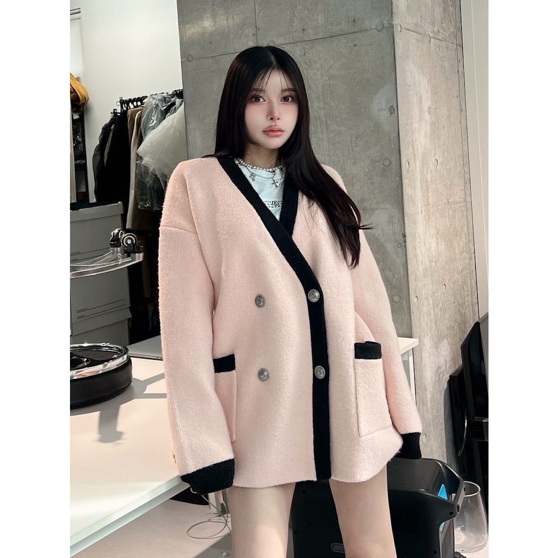 ダーリッチ Darich パイピングオーバーニットカーディガン （ピンク