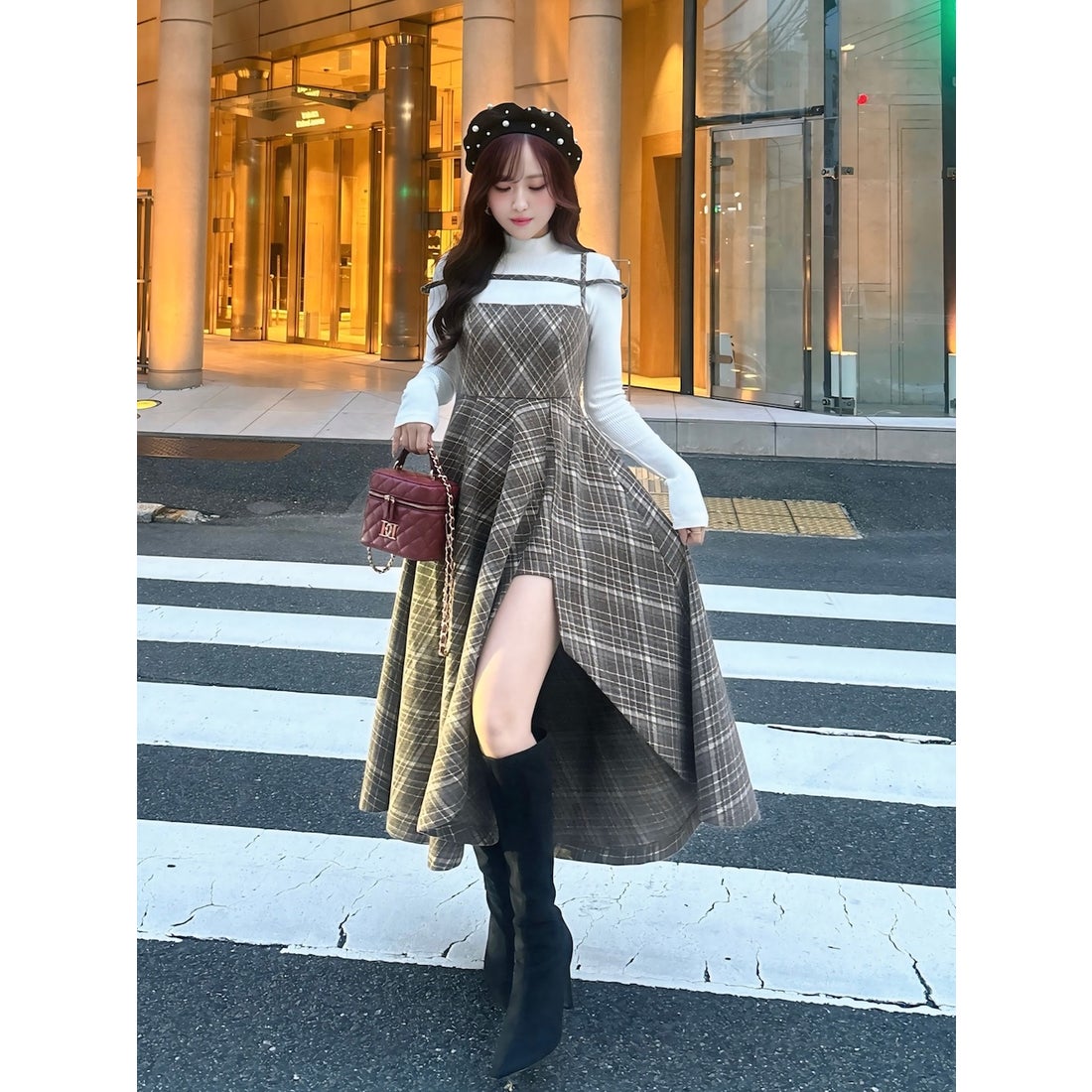 ダーリッチ Darich レイヤードチェックイレヘムミディワンピース