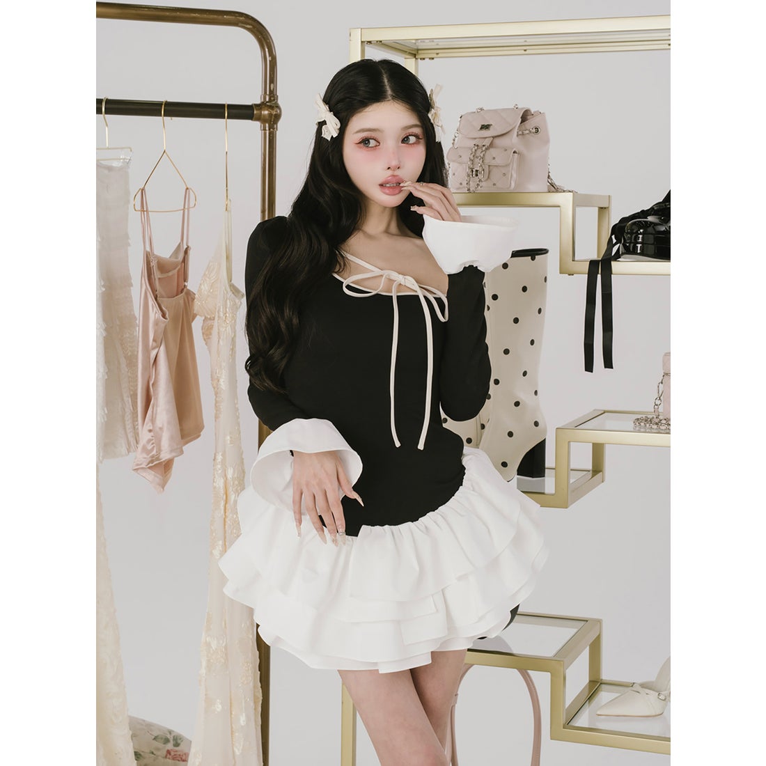 ダーリッチ Darich デザインネックリボンミニワンピース （ブラック