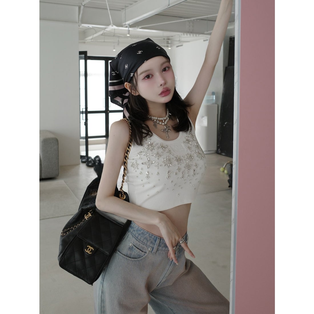 ダーリッチ Darich ジュエリーリブノースリトップス （ホワイト