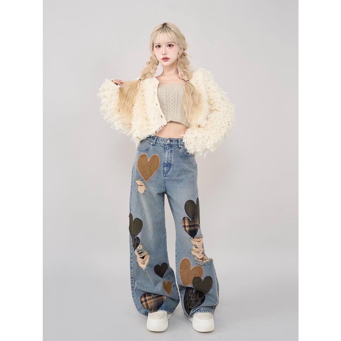 ダーリッチ Darich ランダムハートパッチワークデニムパンツ （ブルー