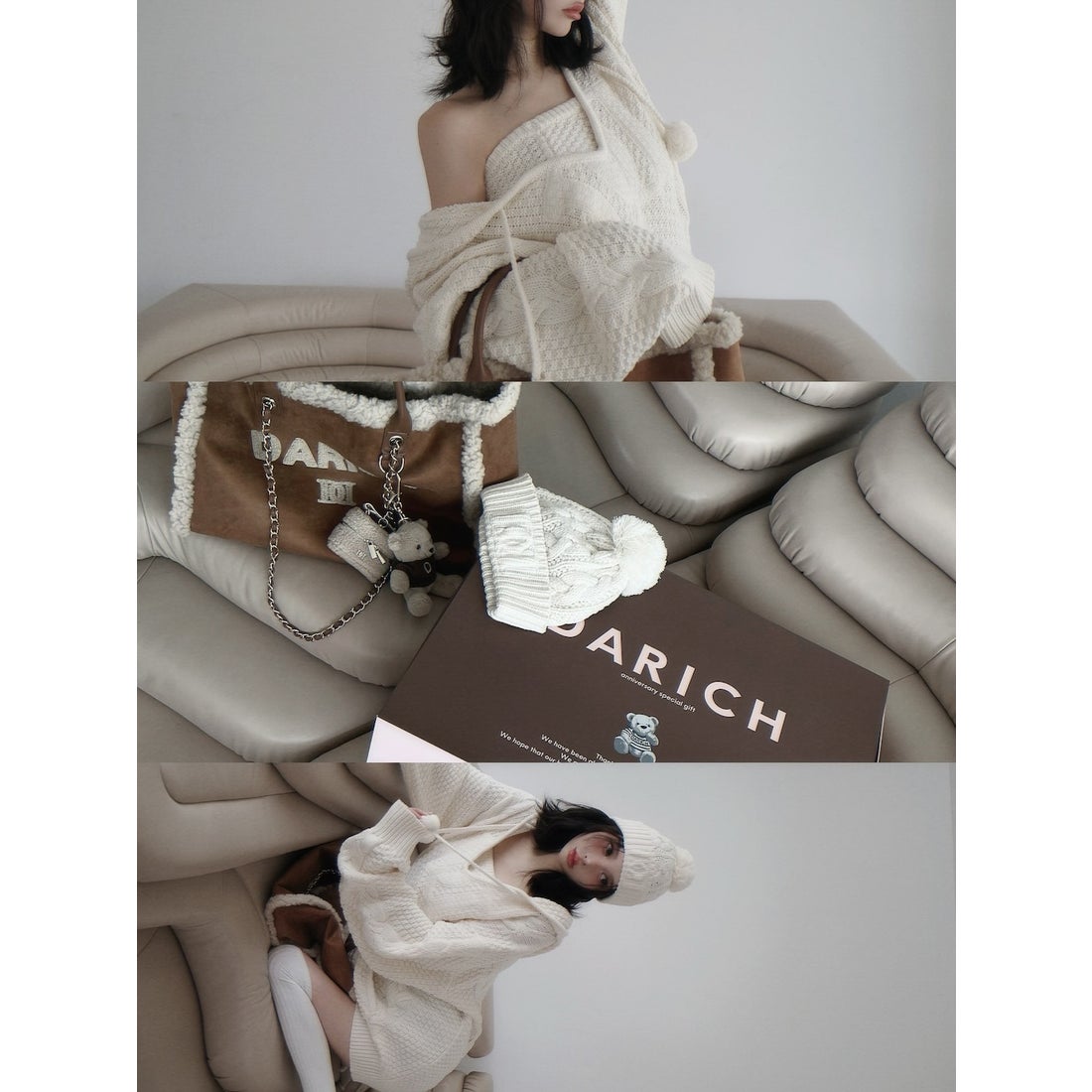 ダーリッチ Darich ケーブルDDロゴVネックニットフーディ （ベージュ