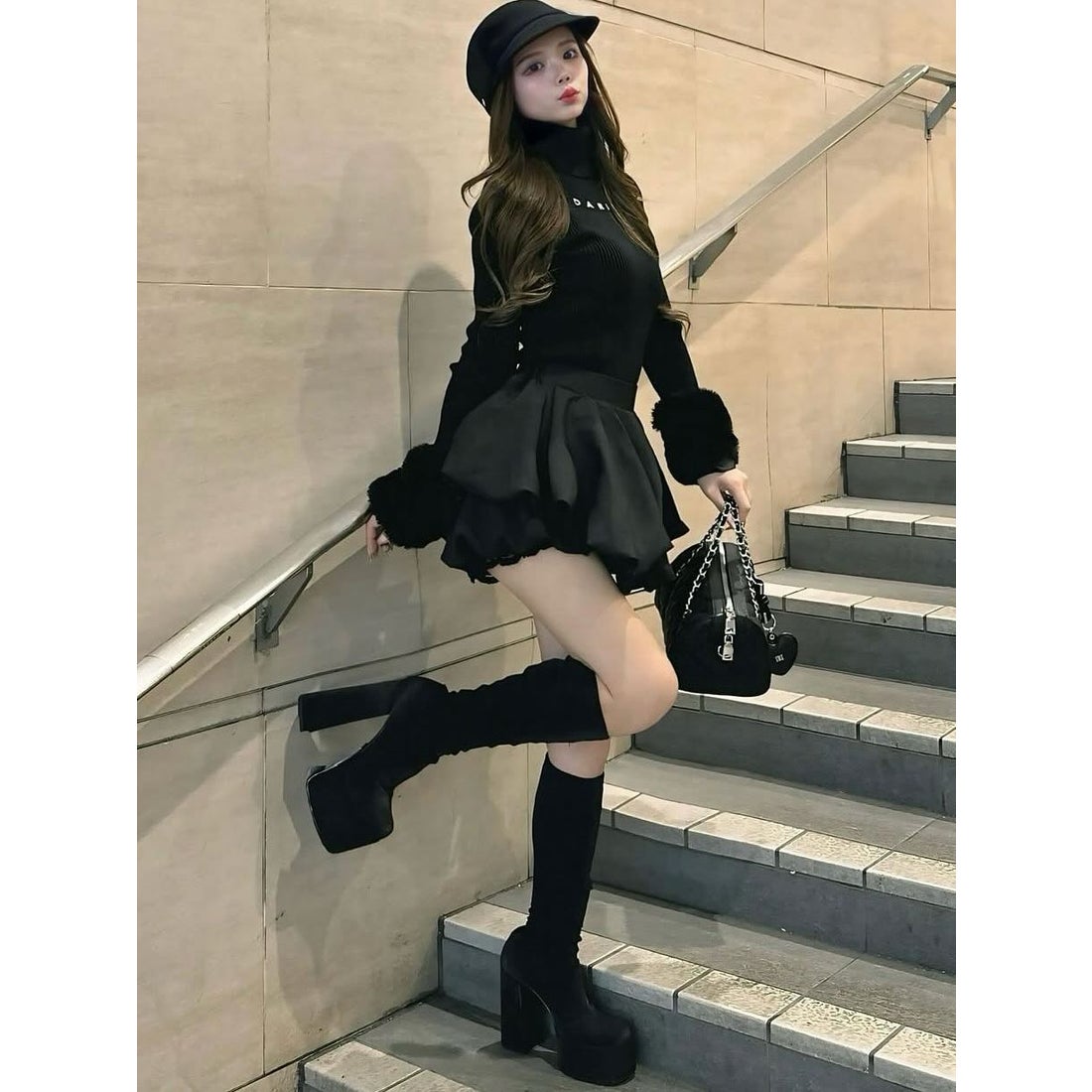 ダーリッチ Darich スムースファーリブニットトップス （ブラック