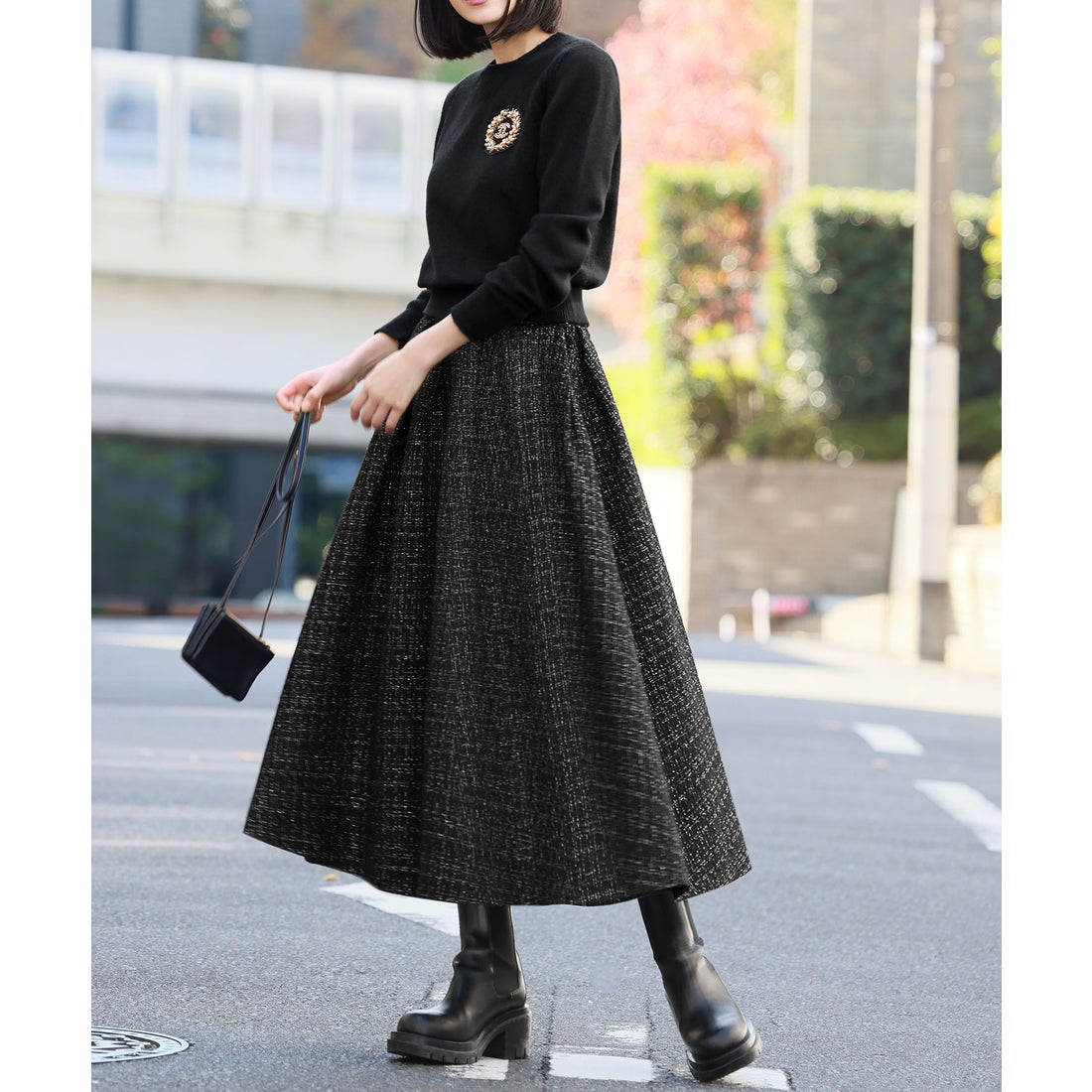 エルフランク ELFRANK ツイードタックフレアミモレ丈スカート