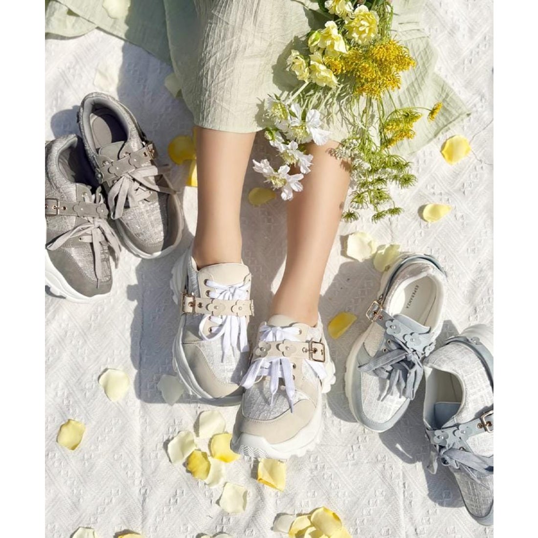 エスペランサ ESPERANZA ツイードフラワーベルト厚底スニーカー