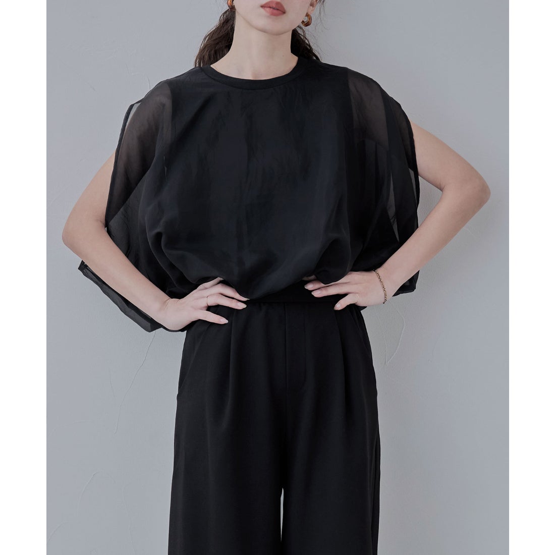 エトル etoll. オーガンジーレイヤード風バルーンブラウス （ブラック