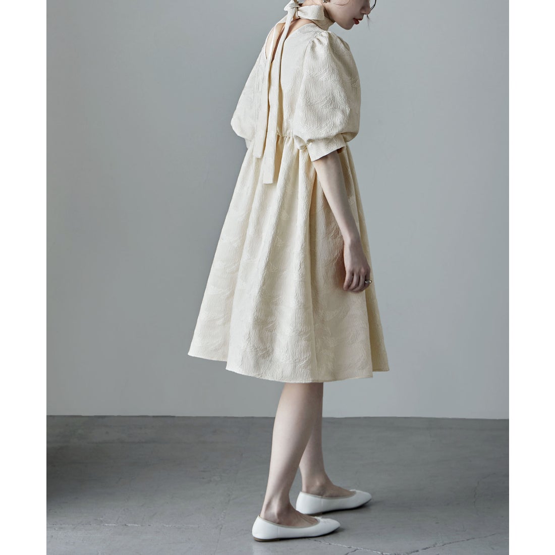 エトル etoll. ジャガードパフスリーブドレス （アイボリー