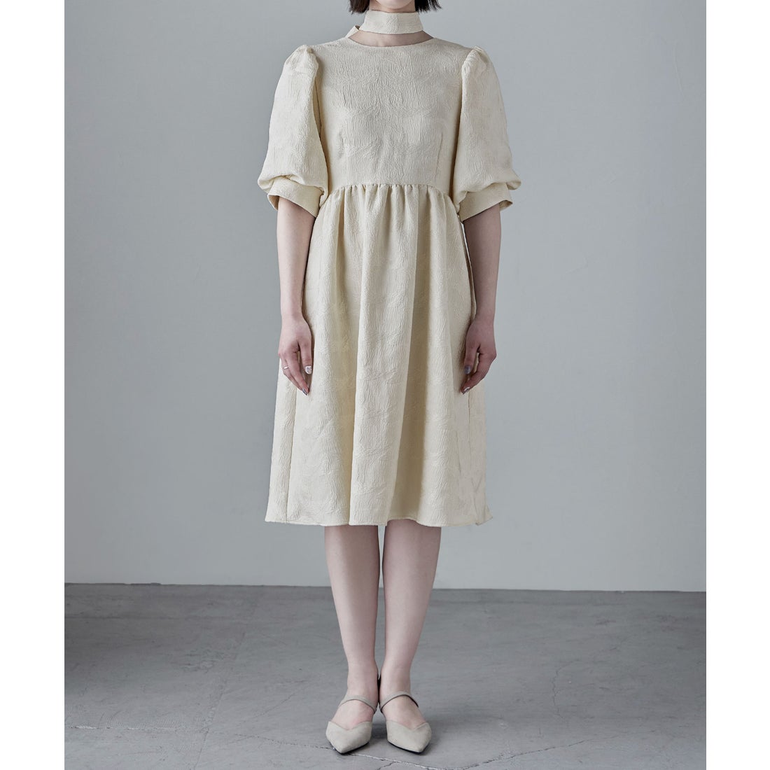 エトル etoll. ジャガードパフスリーブドレス （グリーン） -靴