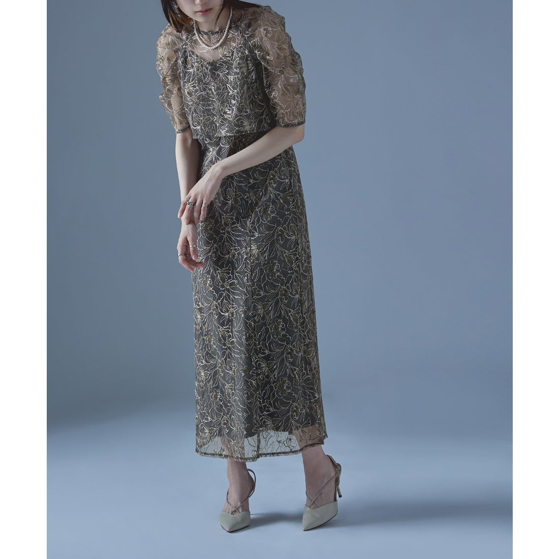 エトル etoll. 刺繍レースレイヤードドレス （チャコール） -靴