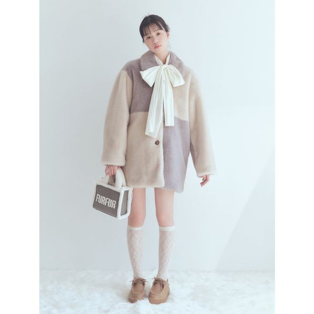 ファーファー FURFUR パッチワークエコファーミドルコート （GRY