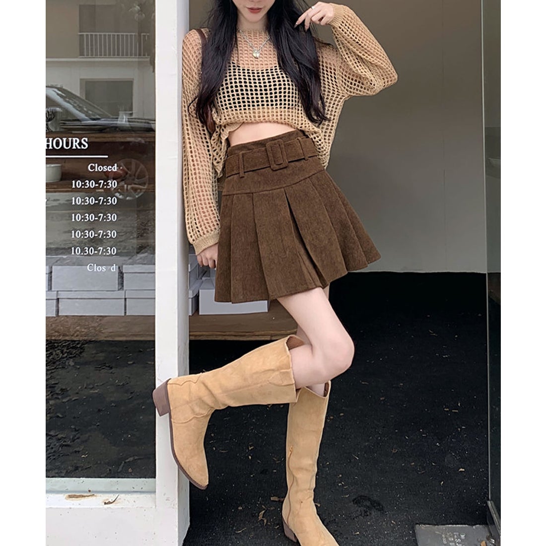 グランディール Grandeir ベルト付きコーデュロイプリーツミニスカート
