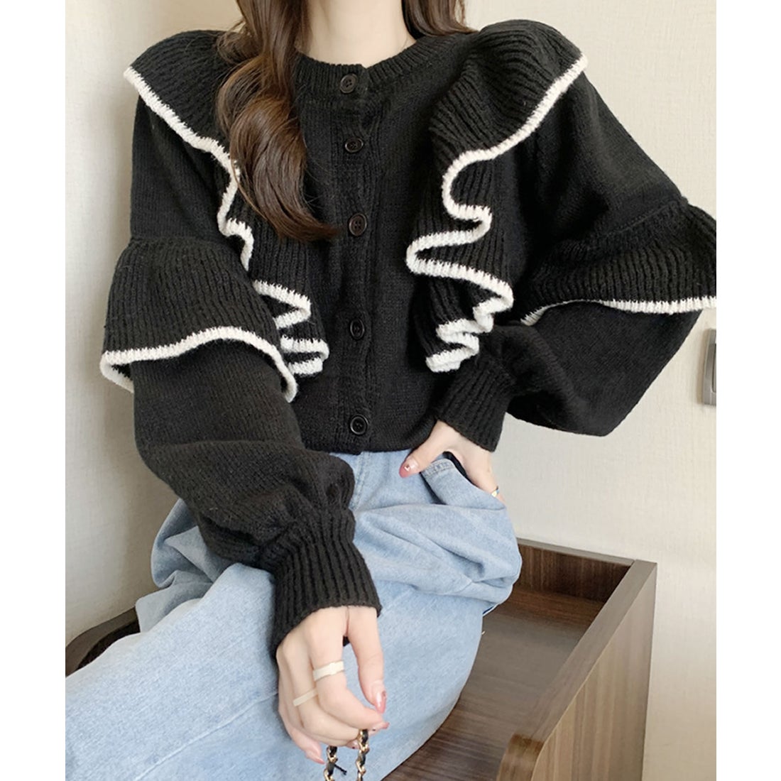 グランディール Grandeir 秋冬新作 全2色 バイカラーフリルニット