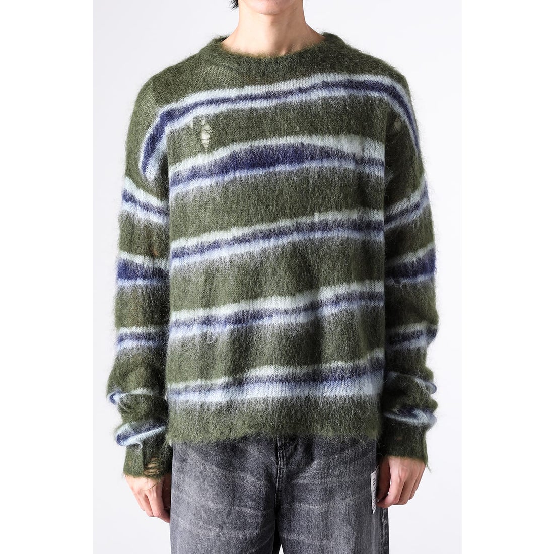 KAMIYA Distressed Border Mohair Sweater （Khaki） - Osaka / Kyoto
