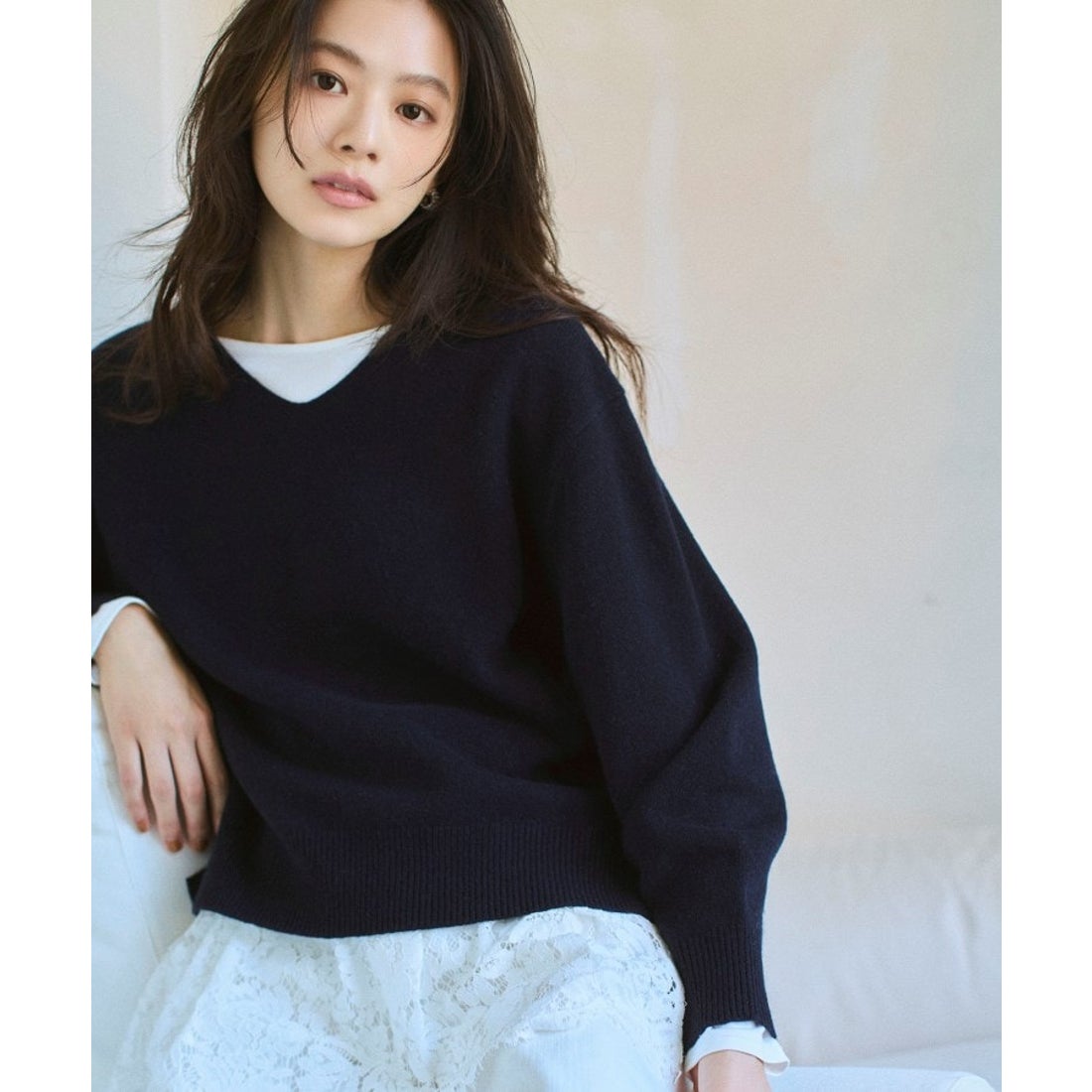 インディヴィ INDIVI 【洗える／カシミヤ混】ミドルゲージVネック