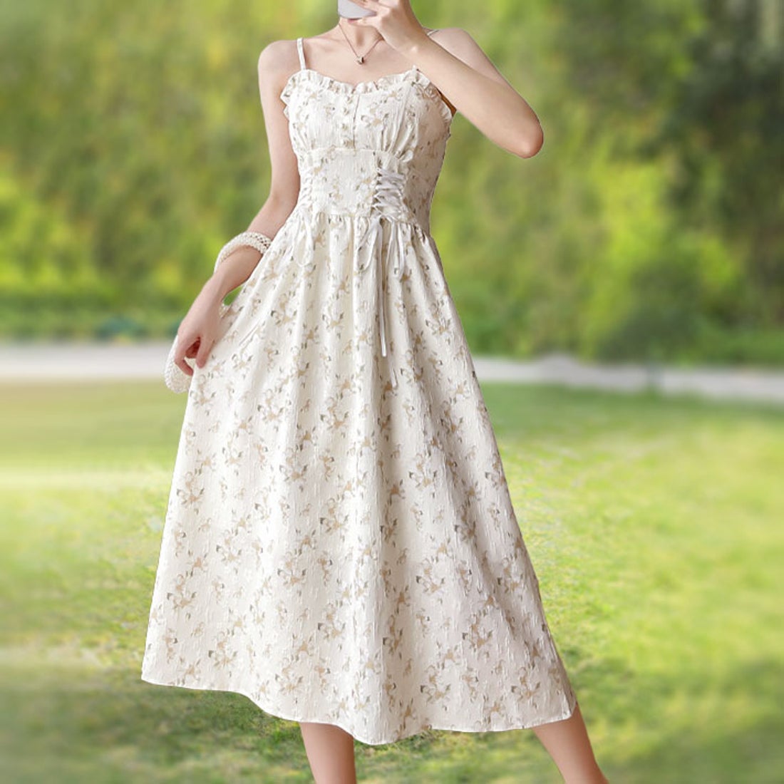 アイカ ica ミモレ丈 ノースリーブ 小花柄 フィット＆フレア キャミ