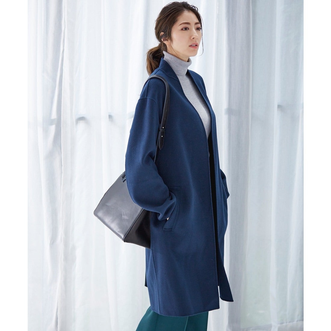 ICB Wool Rever ノーカラーコート （ブルー系） -靴＆ファッション通販