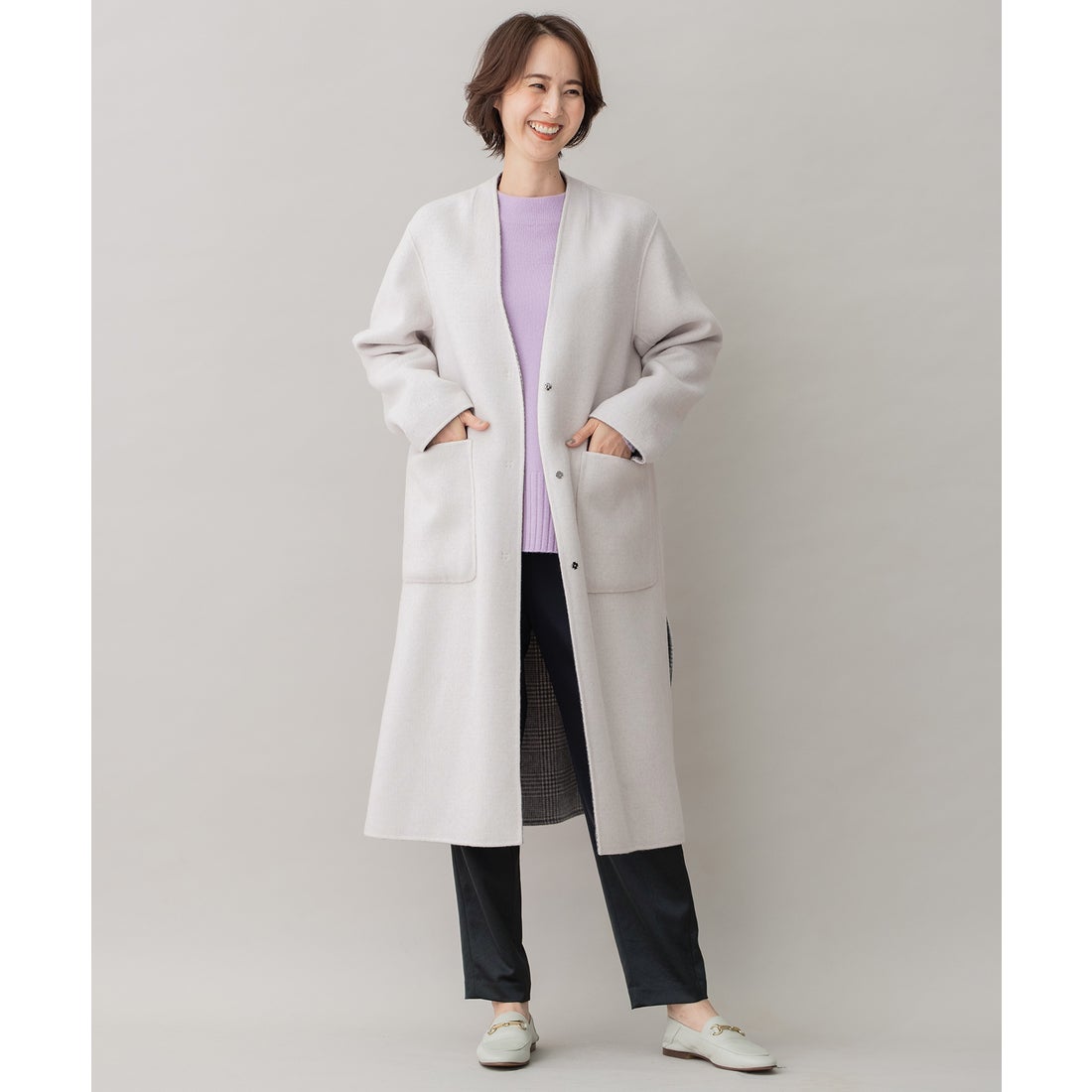 自由区 L 【リバーシブル】ウールリバー ノーカラーロングコート