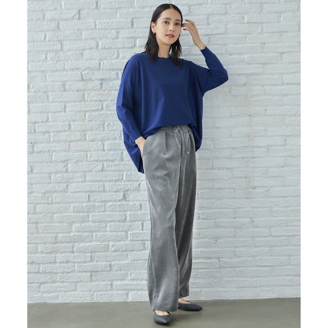 自由区 L 【洗える】ソフトコーデュロイワイド パンツ （グレー） -靴